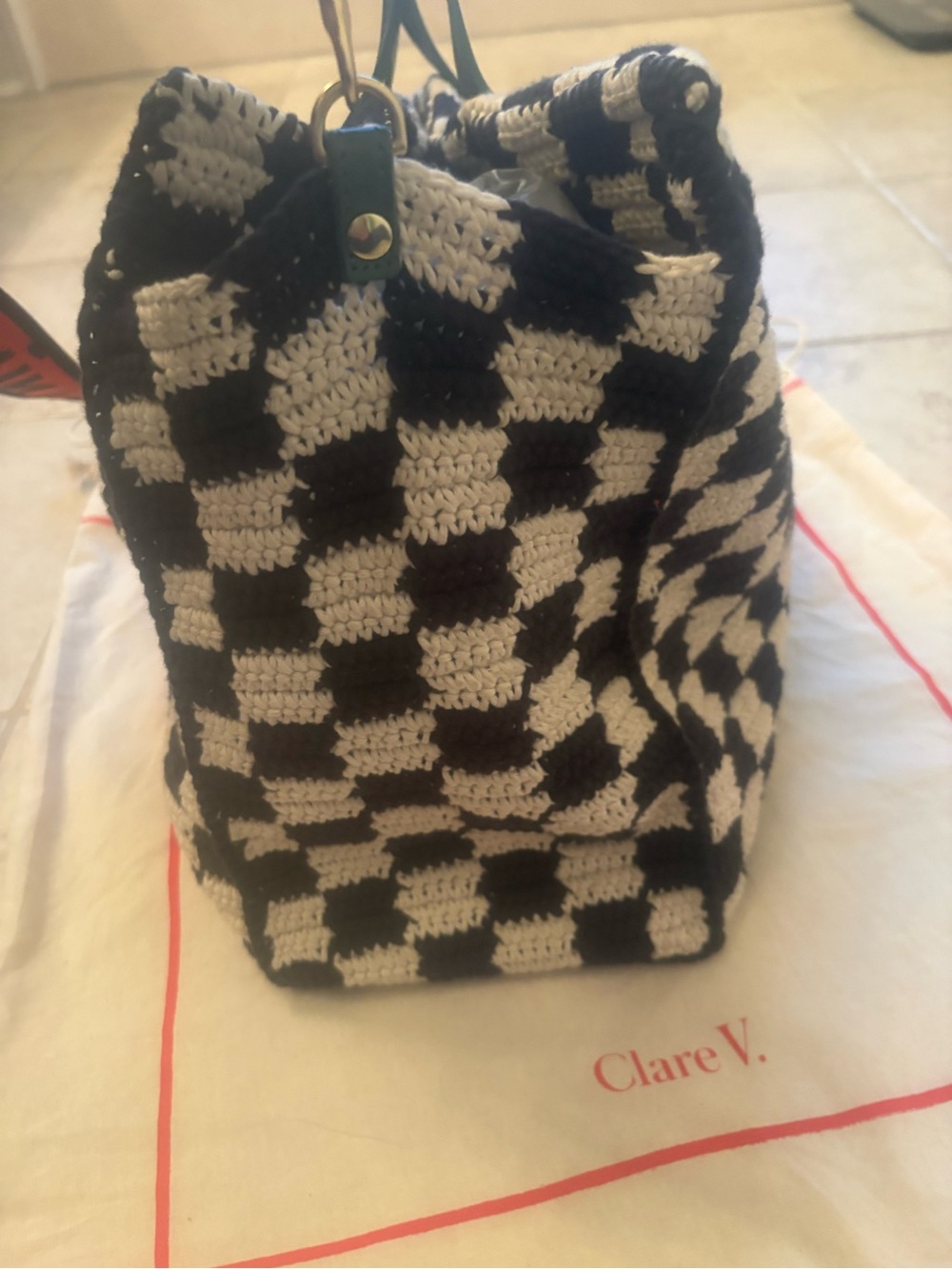 Clare V summer Simple Tote - Black & Cream Crochet Checker Tote - Picture 11 of 15
